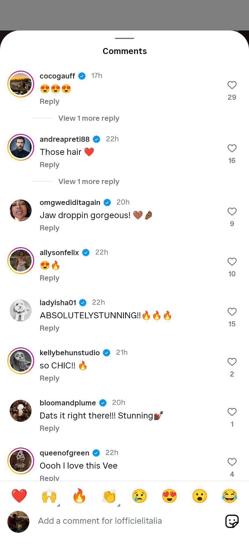 Andrea Preti and Coco Gauff's comments on Venus Williams' post | Instagram @venuswilliams